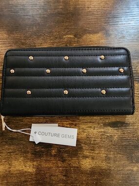 Couture Gems Black Quilted Wallet with Gold Studs
